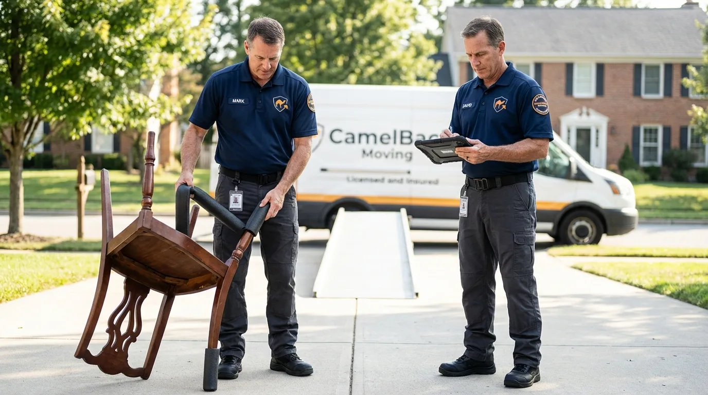 Movers inspecting furniture for damage prevention before loading in Smethport, PA