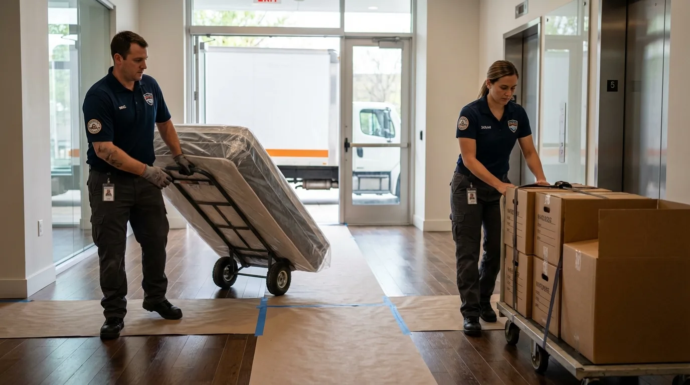 Professional apartment movers loading elevator in Smethport, PA